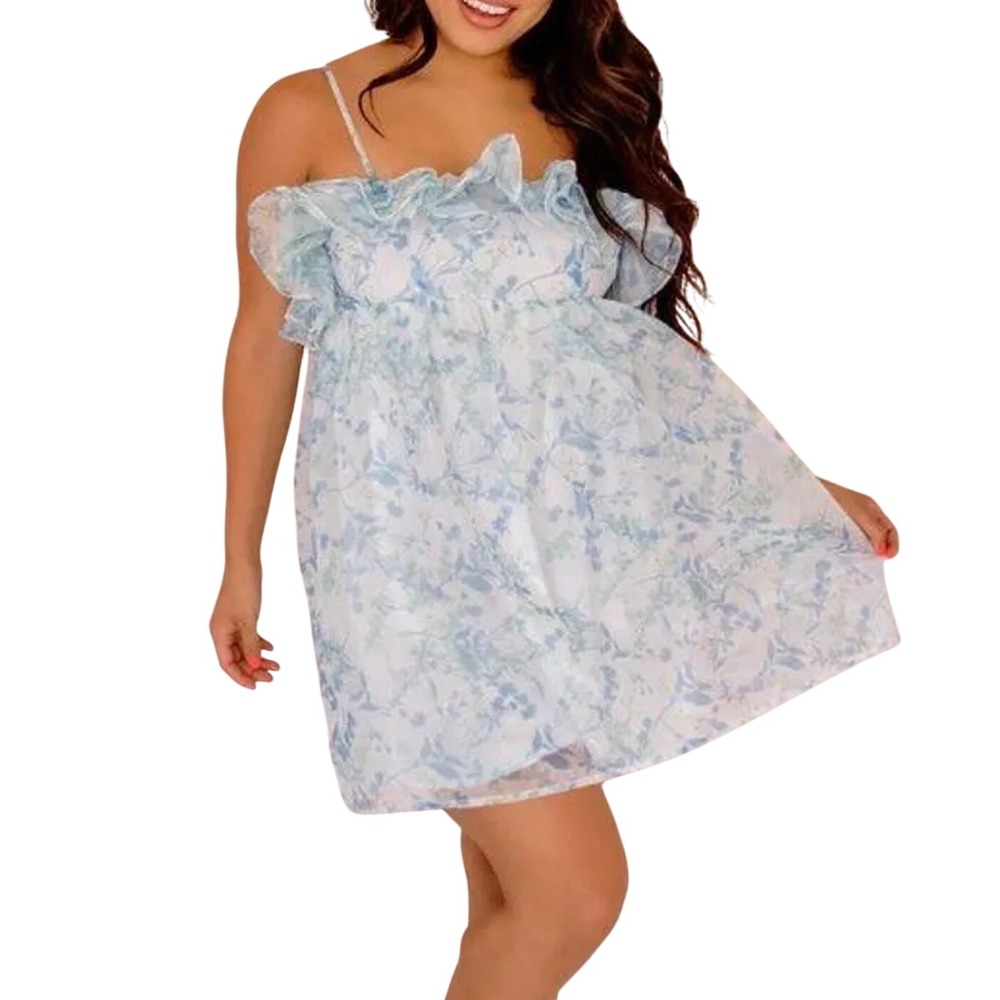 Storia Blue Floral Babydoll Mini Dress Med Cottagecore Ruffle Shimmer Fairy NWT